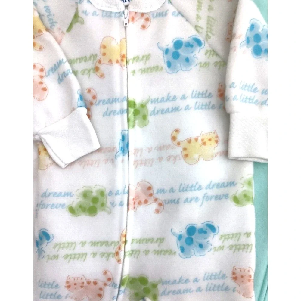 Vtg Carter's Fleece Baby Sleepers 0 6‎ Mos Up To 18lbs White Green Cat Dog Bear